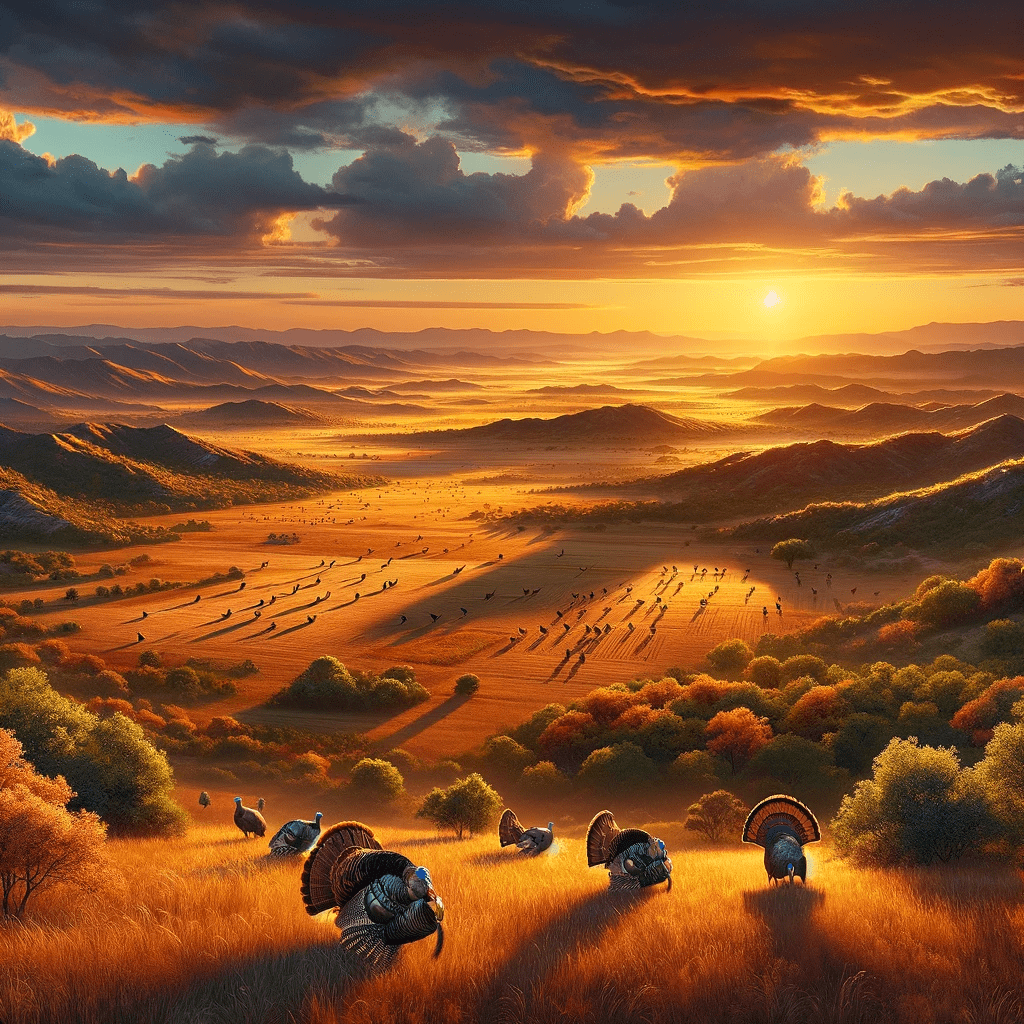 A high-resolution wallpaper featuring a panoramic view of a typical turkey habitat at sunset