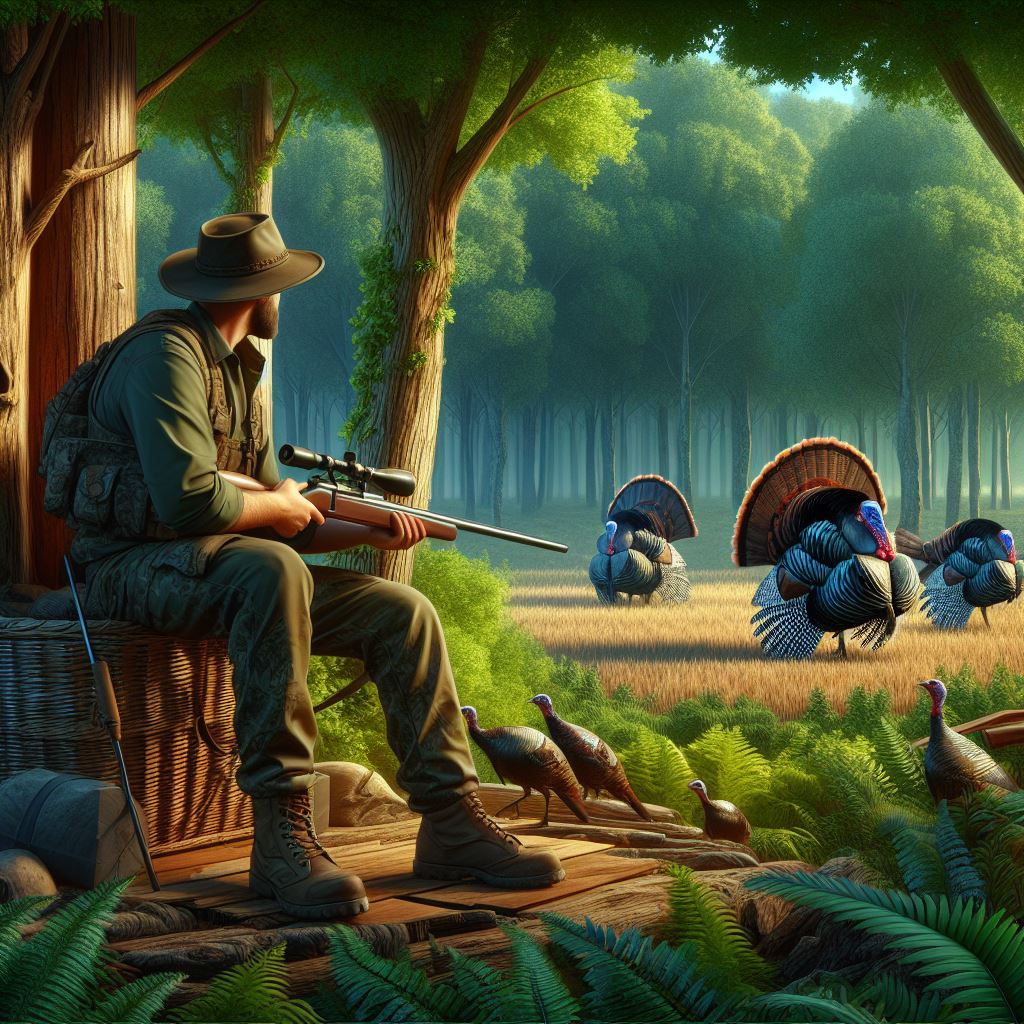 A hunter is sitting in the blind and a turkey group