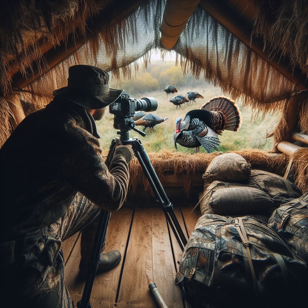 A hunter is sitting on the tripod inside the hunting blind
