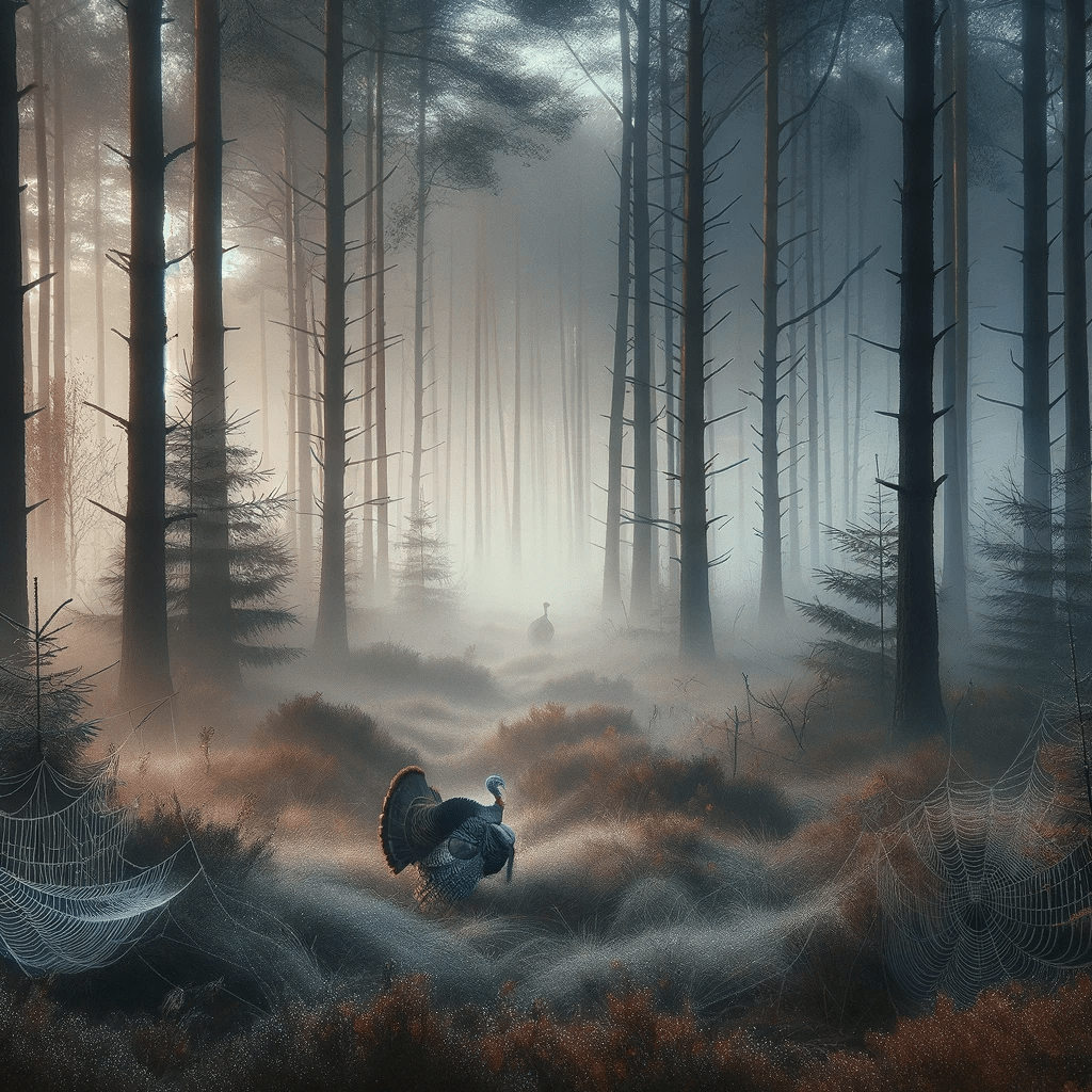 The image should capture a forest scene enveloped in a gentle fog