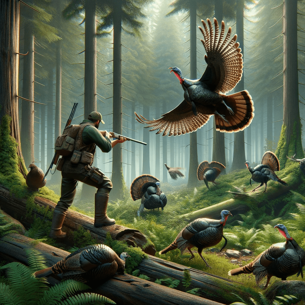 wallpaper depicting a realistic forest scene with a hunter and turkeys