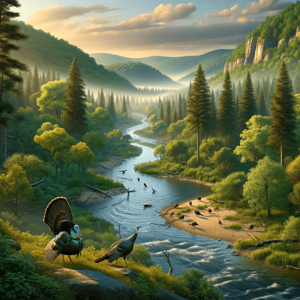 Wallpaper featuring a scenic view of a river running through a turkey habitat